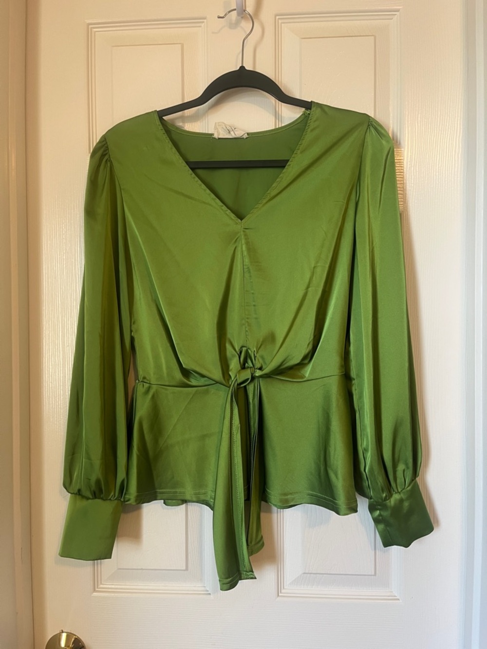 Green Satin Tie-Waist Blouse with Long Puff Sleeves